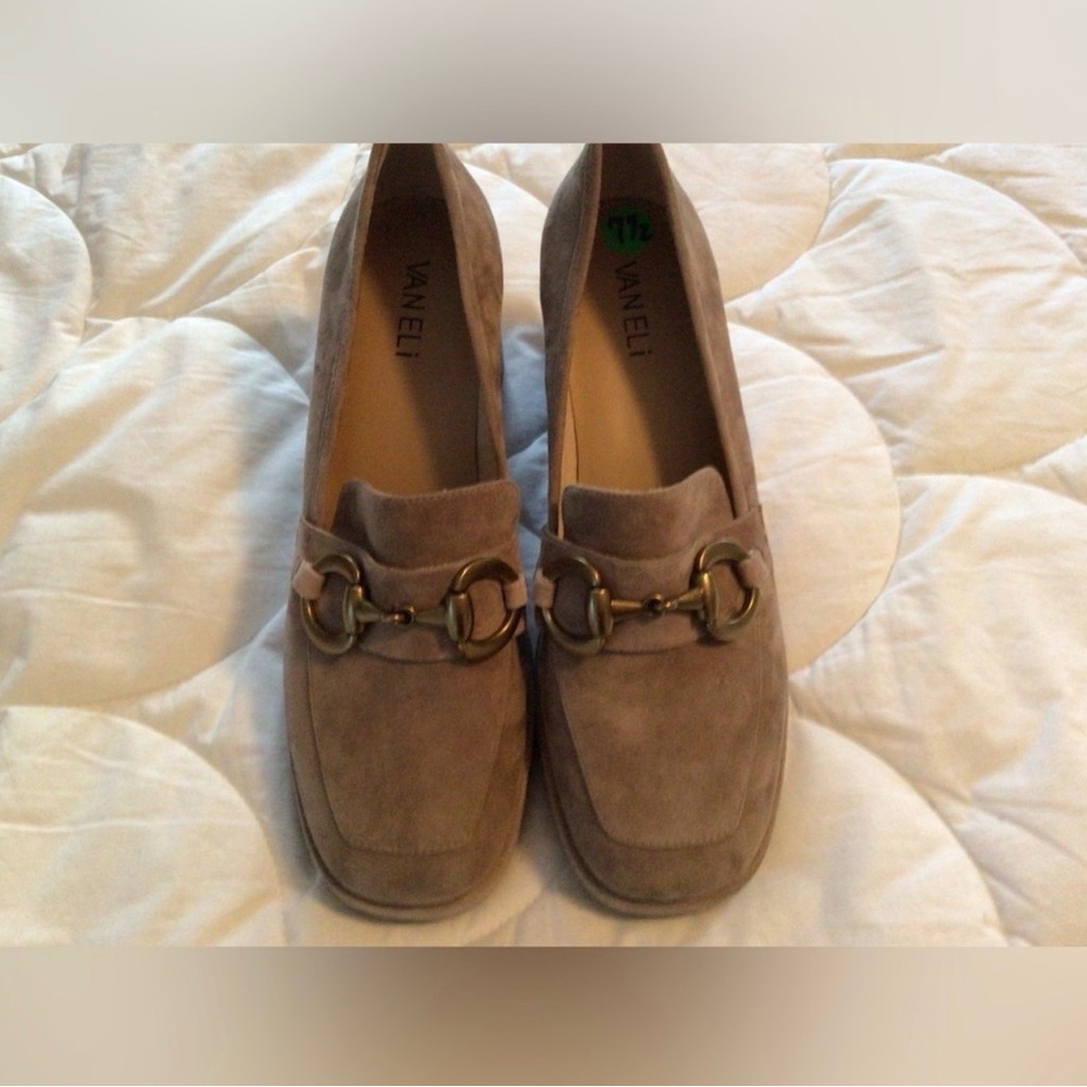 Vaneli Taupe Suede Loafers with Gold Accent